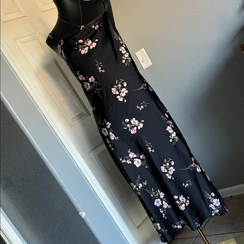 Black Floral Slip Dress with Pink Bloom Print